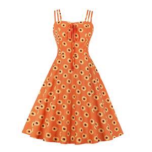 Cute Daisy Print Spaghetti Straps Sleeveless High Waist Summer Party Swing Slip Dress N20435