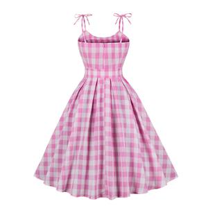 Vintage Pink Plaid Round Neck Bowknot High Waist Summer Party Swing Slip Dress N23396