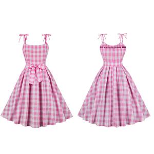 Vintage Pink Plaid Round Neck Bowknot High Waist Summer Party Swing Slip Dress N23396