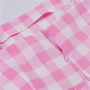 Vintage Pink Plaid Round Neck Bowknot High Waist Summer Party Swing Slip Dress N23396