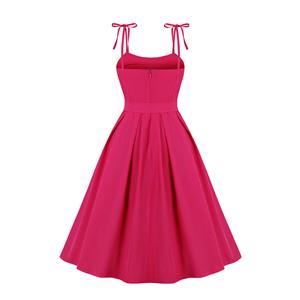 Vintage Rose Red Round Neck Bowknot High Waist Summer Party Swing Slip Dress N23489