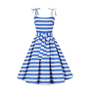 Vintage Blue Round Neck Bowknot High Waist Summer Party Swing Slip Dress N23490