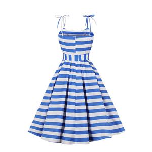 Vintage Blue Round Neck Bowknot High Waist Summer Party Swing Slip Dress N23490