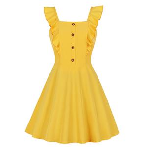 Fashion Ruffle Wide Straps Front Button High-waisted Summer Swing Dress N19083