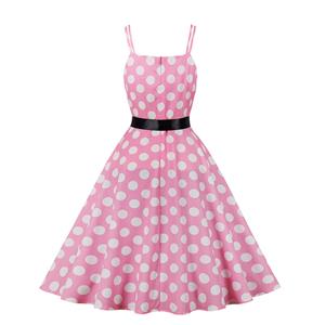 Pink Print White Wave Point Sleeveless High Waist Summer Party Swing Slip Dress N23013