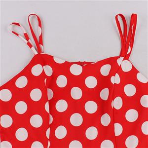 Red Print White Wave Point Sleeveless High Waist Summer Party Swing Slip Dress N23016