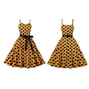 Yellow Print Black Wave Point Sleeveless High Waist Summer Party Swing Slip Dress N23017