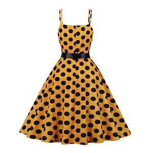 Yellow Print Black Wave Point Sleeveless High Waist Summer Party Swing Slip Dress N23017