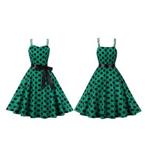 Green Print Black Wave Point Sleeveless High Waist Summer Party Swing Slip Dress N23019