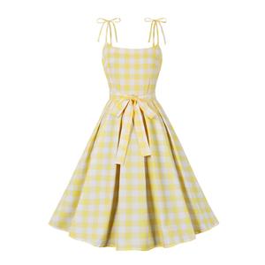 Vintage Yellow Plaid Round Neck Bowknot High Waist Summer Party Swing Slip Dress N23488