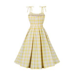 Vintage Yellow Plaid Round Neck Bowknot High Waist Summer Party Swing Slip Dress N23488