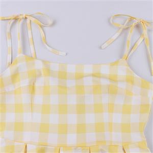 Vintage Yellow Plaid Round Neck Bowknot High Waist Summer Party Swing Slip Dress N23488