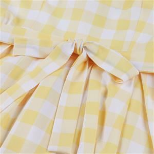 Vintage Yellow Plaid Round Neck Bowknot High Waist Summer Party Swing Slip Dress N23488