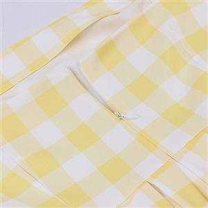 Vintage Yellow Plaid Round Neck Bowknot High Waist Summer Party Swing Slip Dress N23488