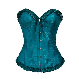 Victorian Gothic Dark Blue Brocade Plastic Boned Ruffle Waist Cincher Body Shaper Overbust Corset N22413