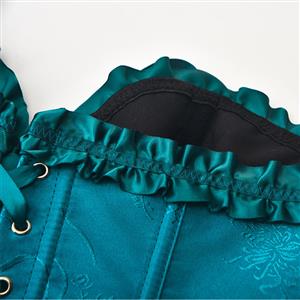 Victorian Gothic Dark Blue Brocade Plastic Boned Ruffle Waist Cincher Body Shaper Overbust Corset N22413