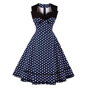 Women's Dark Blue Vintage Sleeveless Dot Print Plus Size Swing Dress N15962