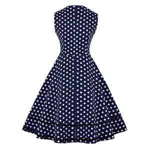 Women's Dark Blue Vintage Sleeveless Dot Print Plus Size Swing Dress N15962