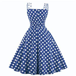 Sexy Dark-blue Vintage Strappy Polka Dot Printed Swing Summer Day Dress N22987