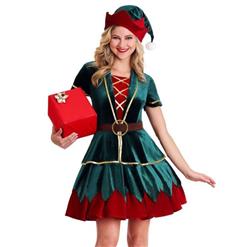 4pcs Deluxe Elf Christmas Party Holiday Velvet Mini Dress Costume with Hat XT19769