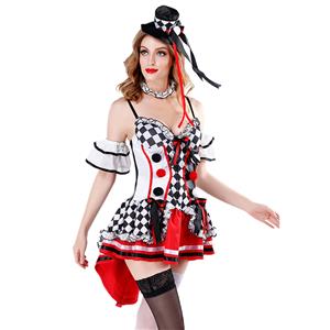4pcs Deluxe Sexy Circus Grid Mini Dress Harlequin Red Heart Queen Adult Cosplay Costume N19484
