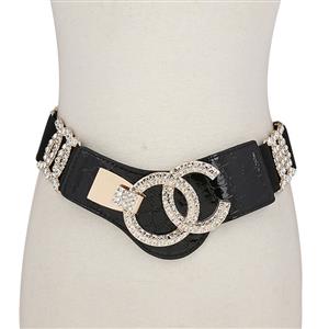 Deluxe Rhinestone Elastic Waist Cincher Belt with Golden Alloy Buckle Waist Belt N18447