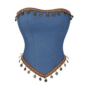denim corset, coin embellished bustier, tribal print corset, strapless waist cincher, back zipper corset, boho corset top, festival bustier, coin trim denim, geometric print corset, statement corset, black and blue corset, retro waist trainer, edgy corset top, layered fashion, costume corset #N23839