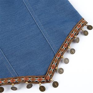 Denim Coin Embellished Bustier Corset with Back Zipper, Tribal Print Strapless Waist Cincher N23839