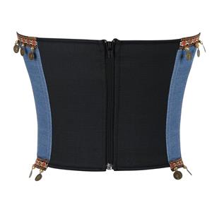 Denim Coin Embellished Bustier Corset with Back Zipper, Tribal Print Strapless Waist Cincher N23839