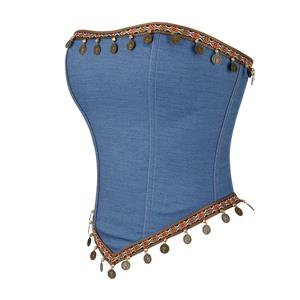 Denim Coin Embellished Bustier Corset with Back Zipper, Tribal Print Strapless Waist Cincher N23839