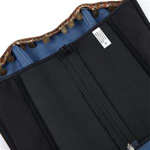 Denim Coin Embellished Bustier Corset with Back Zipper, Tribal Print Strapless Waist Cincher N23839