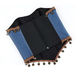 Denim Coin Embellished Bustier Corset with Back Zipper, Tribal Print Strapless Waist Cincher N23839