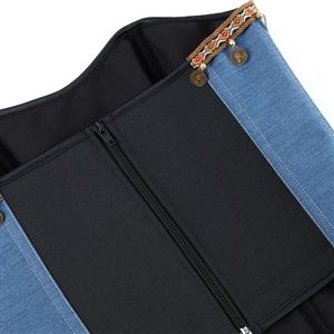 Denim Coin Embellished Bustier Corset with Back Zipper, Tribal Print Strapless Waist Cincher N23839