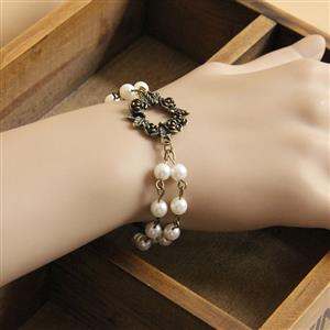 Vintage Elegance White Pearl Bronze Metal Rose Embellishment Bracelet J17899