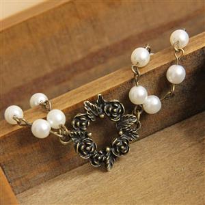 Vintage Elegance White Pearl Bronze Metal Rose Embellishment Bracelet J17899