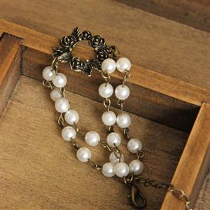 Vintage Elegance White Pearl Bronze Metal Rose Embellishment Bracelet J17899