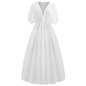 Elegant White Chiffon Low Cut Front Split High Waist Wedding Party Short Sleeves Maxi Dress N18588