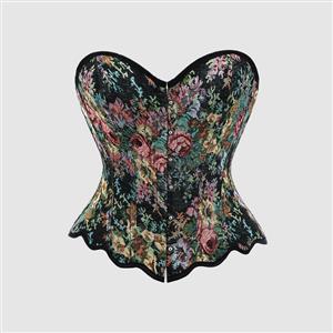 corset top, floral jacquard, sweetheart neckline, scalloped hem, brocade corset, vintage corset, structured top, waist-cinching, metal buttons, romantic fashion, edgy elegance, floral pattern, dark base, layered style, feminine top #N23923