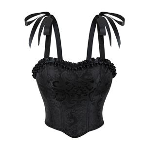 vintage corset top, adjustable ribbon straps, ruffled neckline, floral lace corset, waist cincher, feminine bustier, black lace top, vintage lingerie, romantic style, special occasion wear #N237804