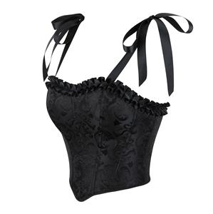 Elegant Black Floral Corset Top - Adjustable Ribbon Straps & Ruffled Edge Vintage Bustier N237804