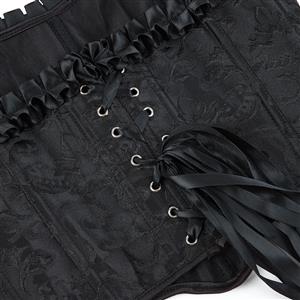 Elegant Black Floral Corset Top - Adjustable Ribbon Straps & Ruffled Edge Vintage Bustier N237804