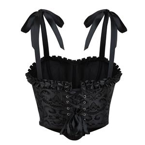 Elegant Black Floral Corset Top - Adjustable Ribbon Straps & Ruffled Edge Vintage Bustier N237804