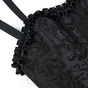 Elegant Black Floral Corset Top - Adjustable Ribbon Straps & Ruffled Edge Vintage Bustier N237804