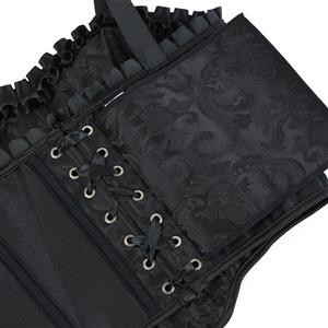 Elegant Black Floral Corset Top - Adjustable Ribbon Straps & Ruffled Edge Vintage Bustier N237804