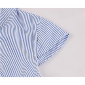 Elegant Women Cap Sleeve Standing Collar High Waist Pinstripe Button Midi Dress N19566