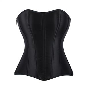 Elegant Black Satin Side-Zip Corset - Vertical Seam Waist Cincher Bustier Top N237805