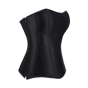 Elegant Black Satin Side-Zip Corset - Vertical Seam Waist Cincher Bustier Top N237805