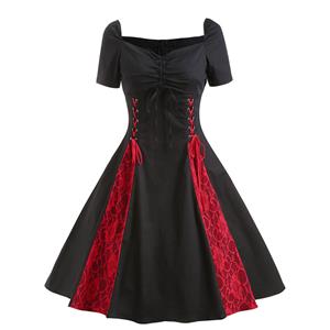 Elegant Black Short Sleeves Lace-up Sweetheart Neckline Red Lace High Waist Midi Dress N22995