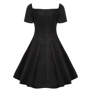 Elegant Black Short Sleeves Lace-up Sweetheart Neckline Red Lace High Waist Midi Dress N22995
