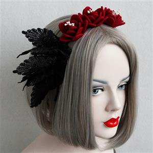 Elegant Black Lace Butterfly Red Rose Hair Hoop J12811